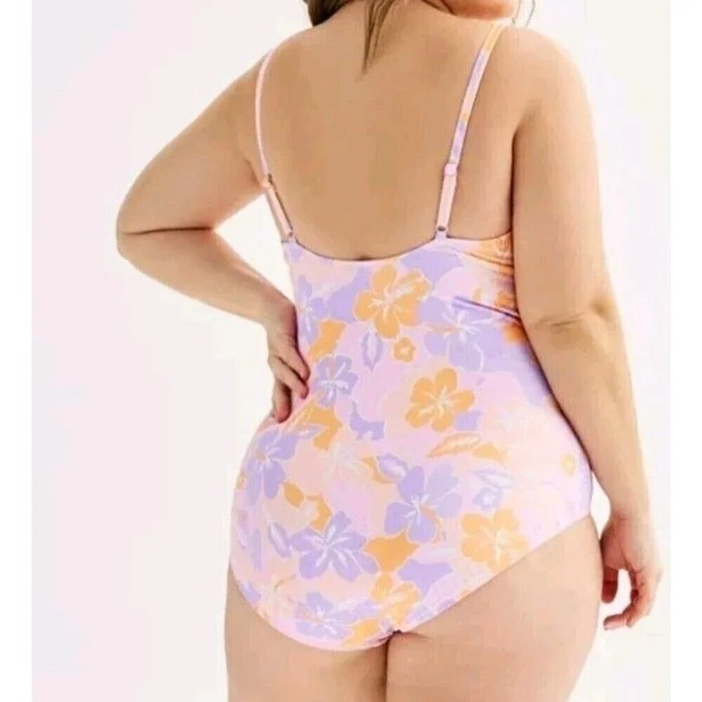 Ninety Nine One Piece Swimsuit Size 1X Purple Floral Print Ruched Resort Pool